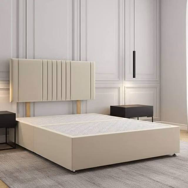 Regional Furnishings Super King Plush Velvet Divan Bed with 24 inch Headboard in Beige, W: 200 cm x D: 200 cm