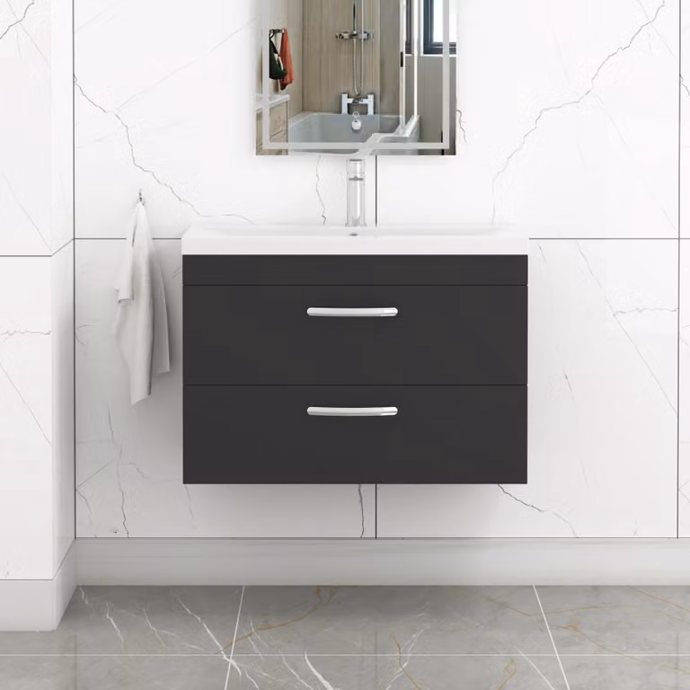 Royal Bathrooms Turin 800mm Matt Black Wall Hung Vanity Unit with 2 Drawers and Mid-Edge Basin