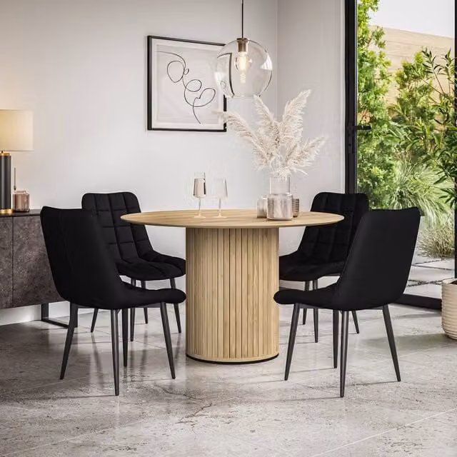 More4Homes Arlo Oak Round Dining Table and 6 Black Nova Faux Leather Chairs Set, W: 120 cm, H: 75 cm