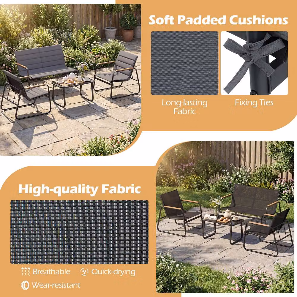 Gymax 4-Piece Modern Outdoor Furniture Set in Grey with Glass Coffee Table, 2-Seater Sofa, Armchair and Upholstered Cushions – 4
