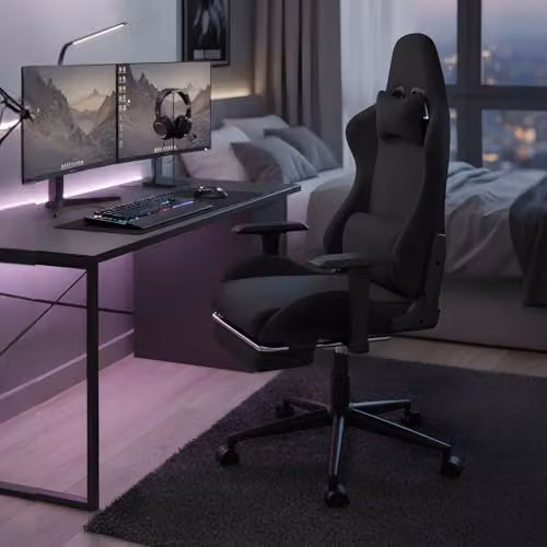 Levede Ergonomic Gaming Chair with Footrest, Reclining Black Microfibre High Back Office Chair with Lumbar Support and Headrest for Adults – 6