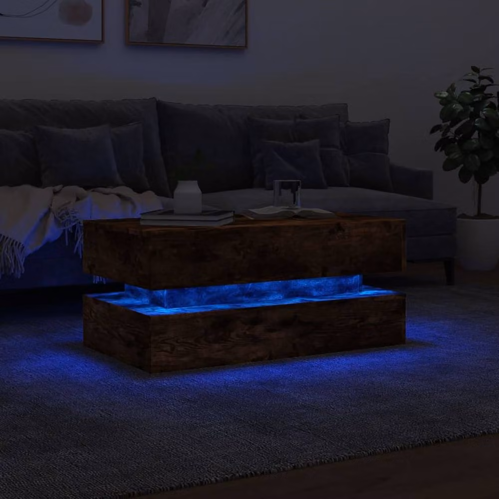 Berkfield Home Modern Rectangular Coffee Table with LED Lights in Smoked Oak Brown, W/D/H: 90 x 50 x 40 cm – 4