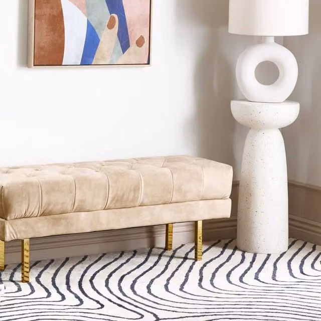 Wyld and Coco Beige Tufted Velvet Bed Bench with Gold Legs