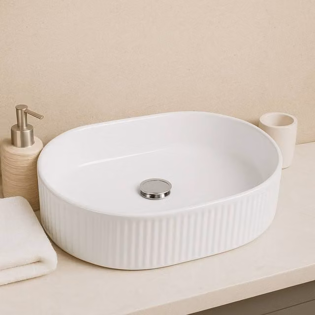 Bathroom Kingdom Flauto Oval Ceramic Countertop Basin, White, Width: 31.5 cm