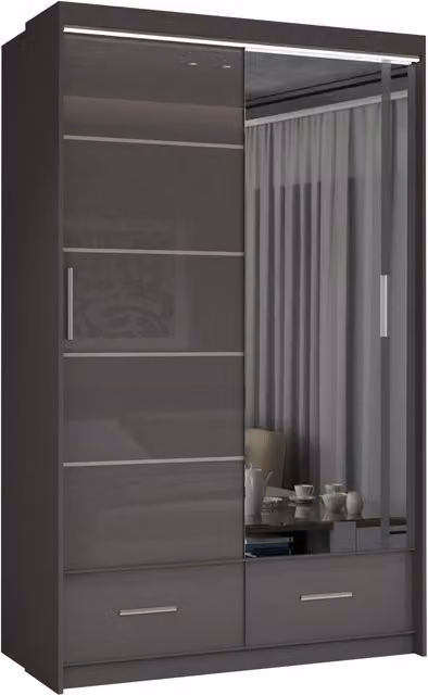 MN Furniture Grey High Gloss Sliding Mirrored Wardrobe with Integrated LED Lighting W/D/H: 150 x 40 x 220 cm