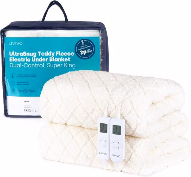 LIVIVO UltraSnug Teddy Fleece Electric Heated Underblanket, Super King, Off-White, W/D/H: 200 x 200 cm