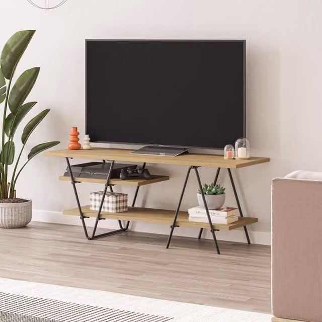 FWStyle Modern 3 Tier TV Unit Stand in Natural Oak