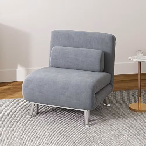 HOMCOM 3-in-1 Velvet Single Sofa Chair Bed with Metal Frame and Armrests, Grey, Seat Width: 75 cm – 2
