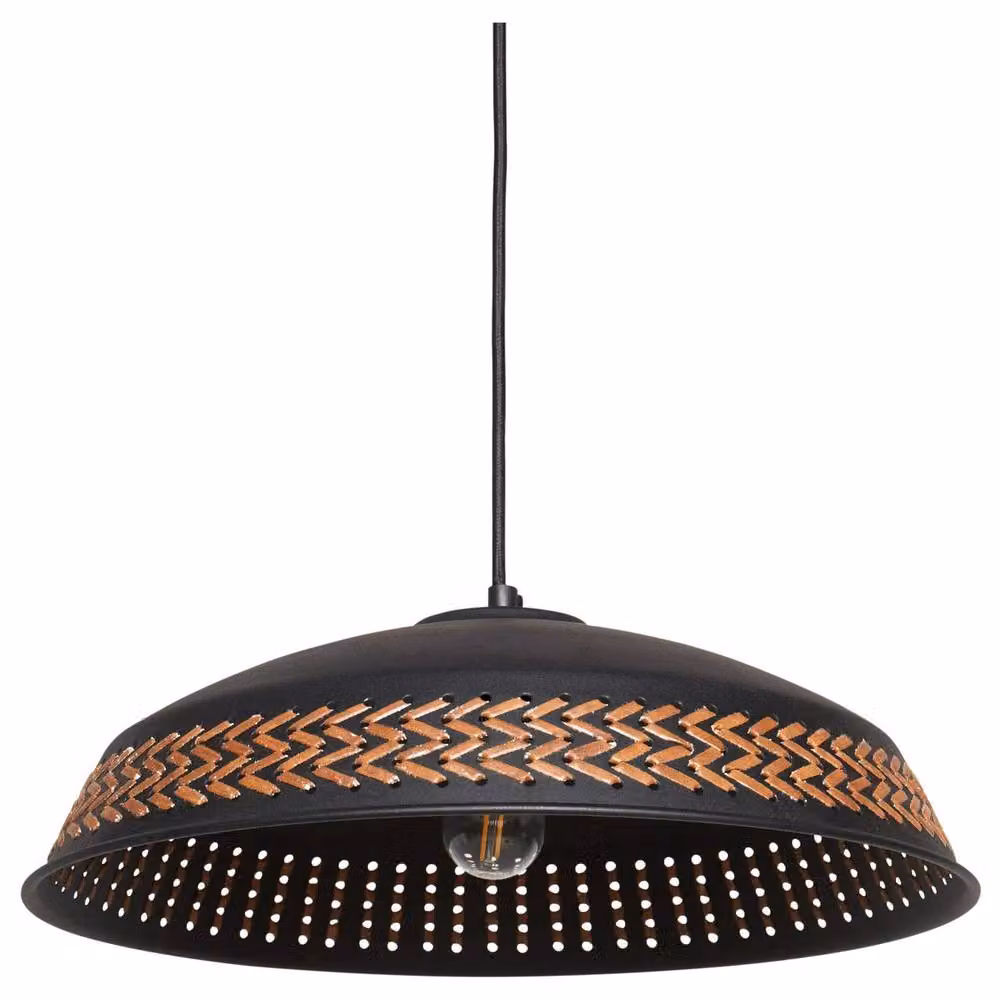 Wyld and Coco Black Iron Dome Pendant Light with PU Leather Braid – 2