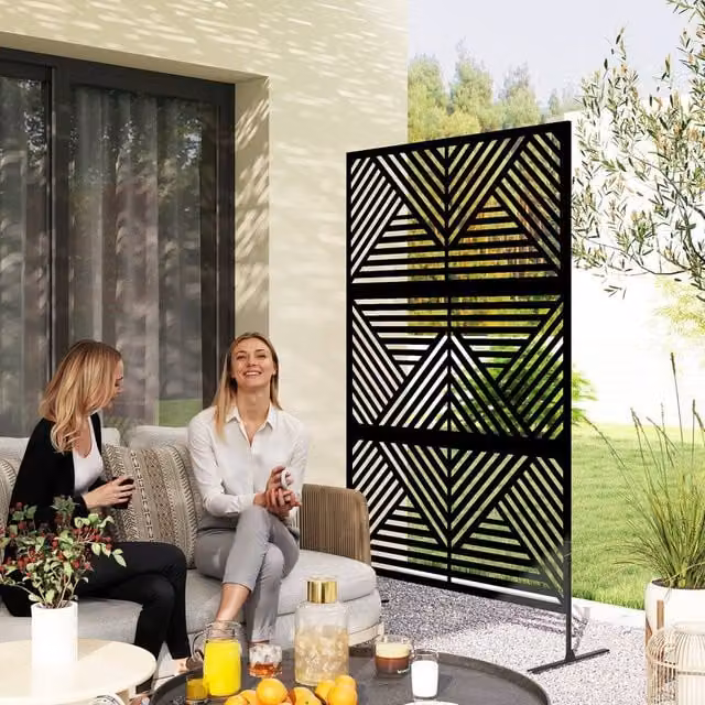 OUTSUNNY Decorative Outdoor Privacy Divider Panel with Stand, Black Steel, H 198 x W 120 x D 45 cm – 1
