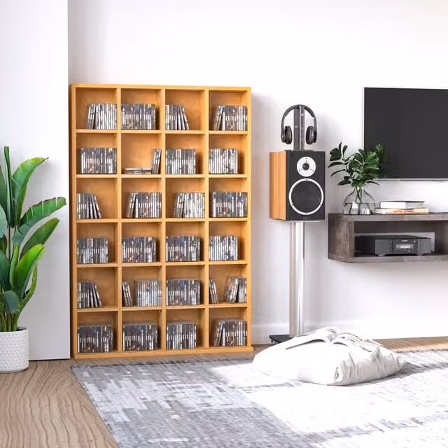 HOMCOM Modern Beech Wood Media Storage Shelf Unit with Adjustable Shelves and Back Panel