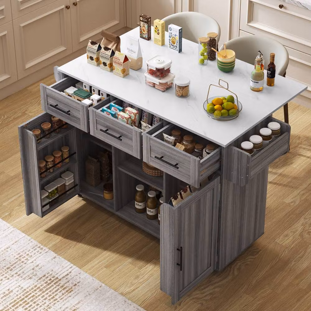 Merax Kitchen Island Trolley with Foldable Worktop and Storage Cabinet in Grey – 2