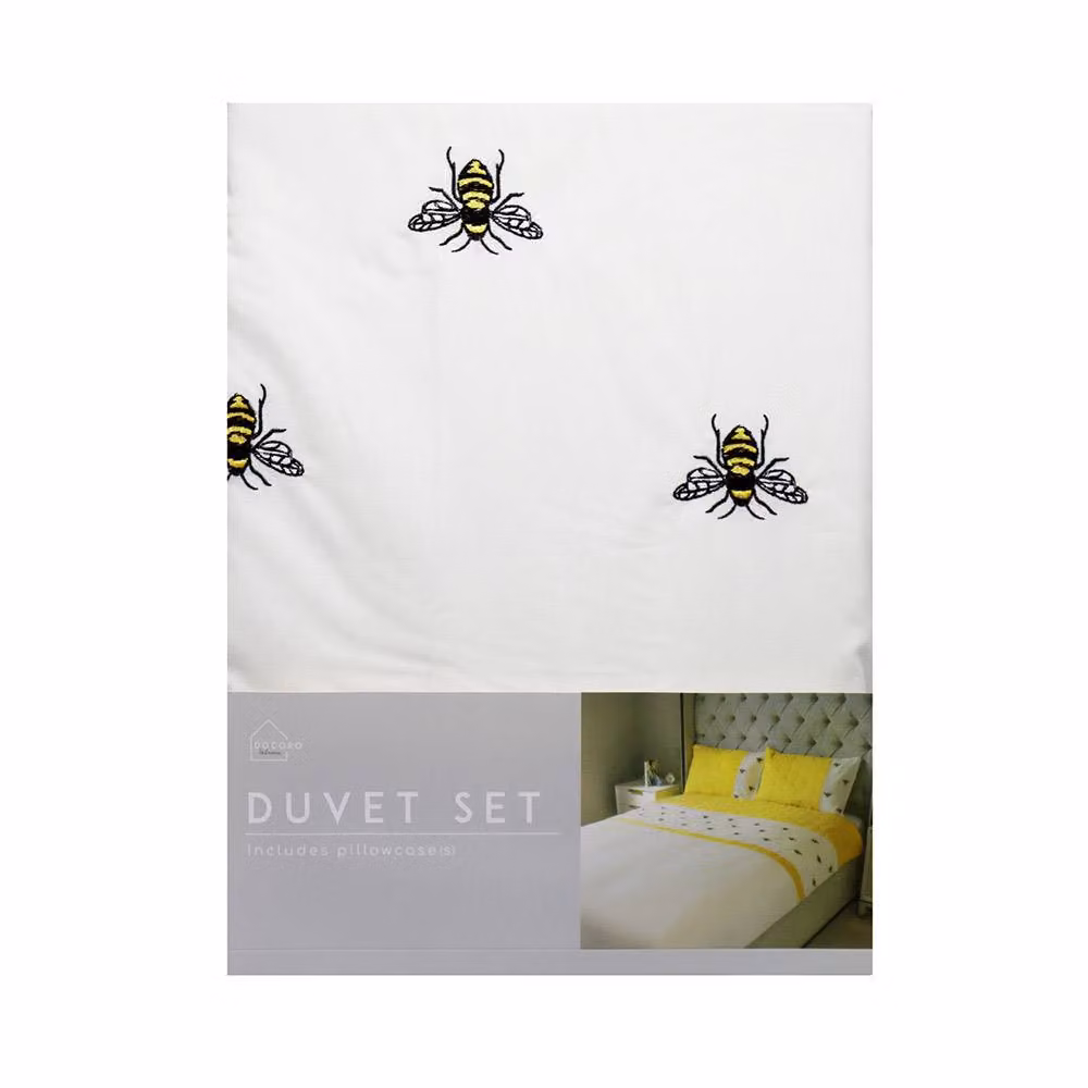 Voltico Embroidery Bee Microfibre Duvet Cover and Pillowcase Collection in Bright Yellow and White – 3