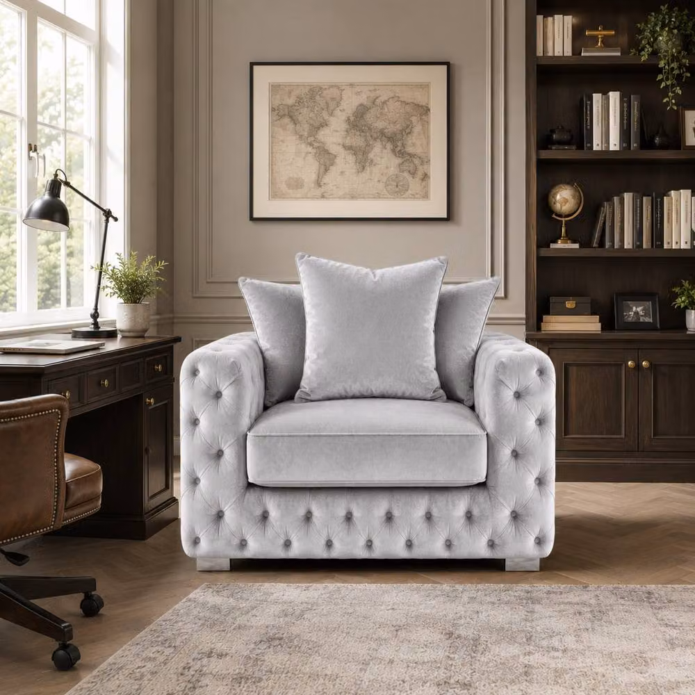 Stratus Interiors Ashley Chesterfield Scatter Back Plush Velvet Fabric Armchair in Silver – 2