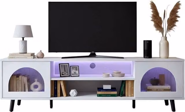 KORVIXA Modern White TV Stand Cabinet Unit with 2 Glass Doors and Integrated Lighting – 1