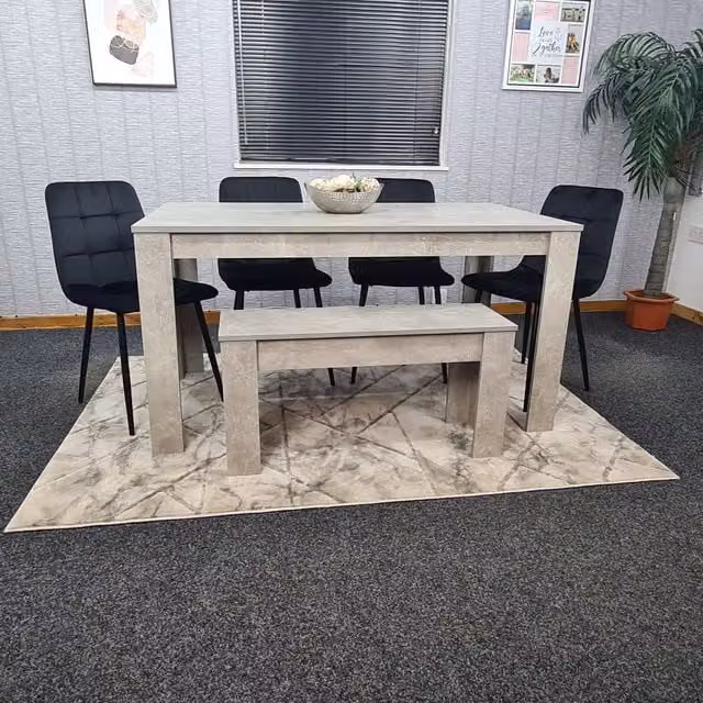Kosy Koala Modern Rectangular Dining Set with 4 Black Tufted Velvet Chairs and Bench in Grey and Black