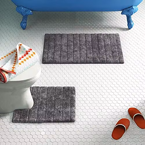 Allure Bath Fashions Ribbed Two Piece Cotton Bath Mat and WC Pedestal Mat Set in Anthracite Grey – 4