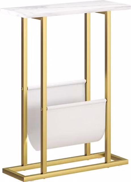 HOMCOM Narrow Side Table with Magazine Holder in White Marble Grain and Gold