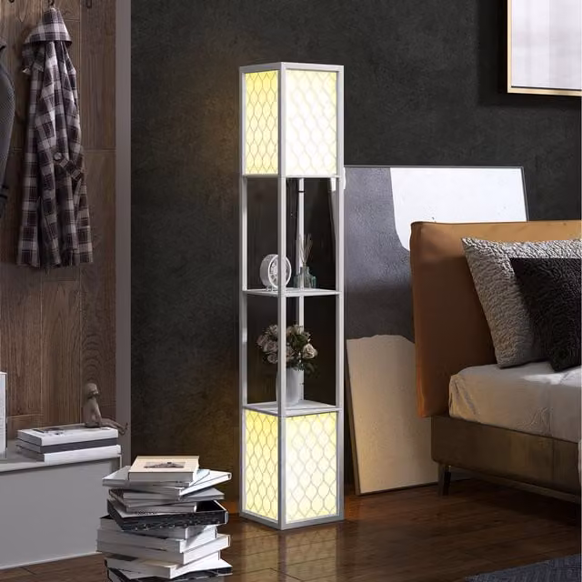 HOMCOM Modern 2 Lights Floor Lamp with Shelves in White