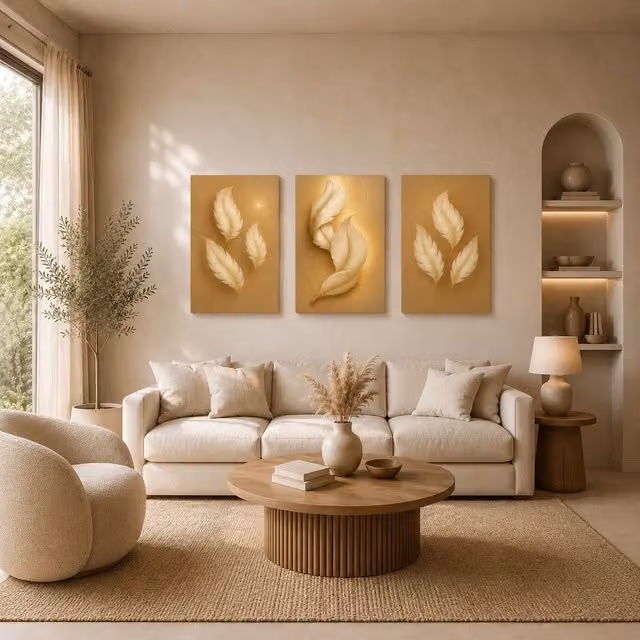 Mafett Set of 3 Golden Feather Symphony Luxury Canvas Wall Art, Gold, W45.7 cm x H61.0 cm