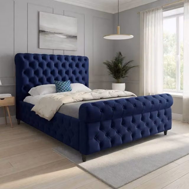 KDMD Tiddington Sleigh Upholstered Blue Velvet Designer Bed Frame, Size: King (180 x 200 cm)