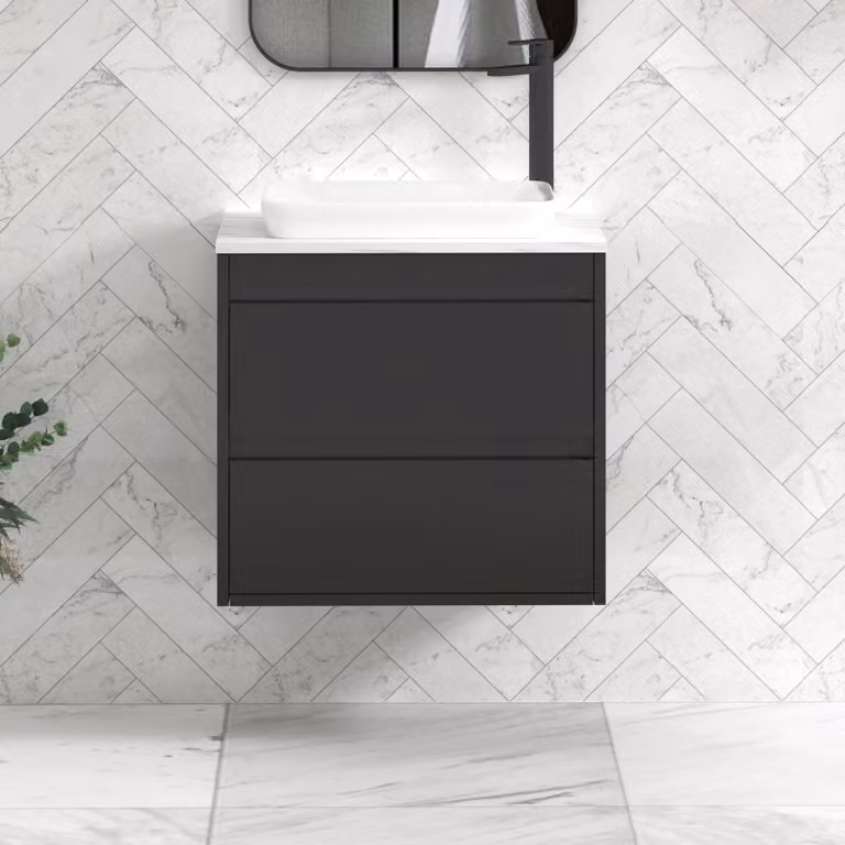 Royal Bathrooms Orion 600mm Matt Obsidian Black Wall Hung Countertop Vanity Unit with 2 Drawers, Qubix Basin and Black Accent Trim