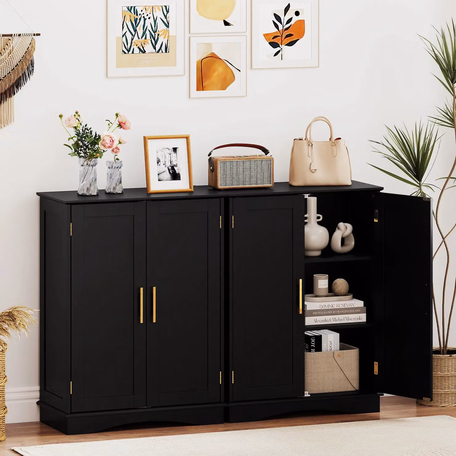 Costway Modern Black and Gold Bathroom Floor Storage Cabinet with Hinged Doors and Internal Shelves, Width: 80 cm – 7