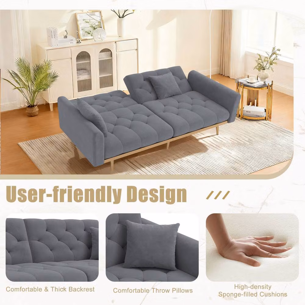 Direct Wicker Modern Grey Velvet Fabric 2-Seater Sofa Bed with Adjustable Headrest and Solid Wood Frame – 3