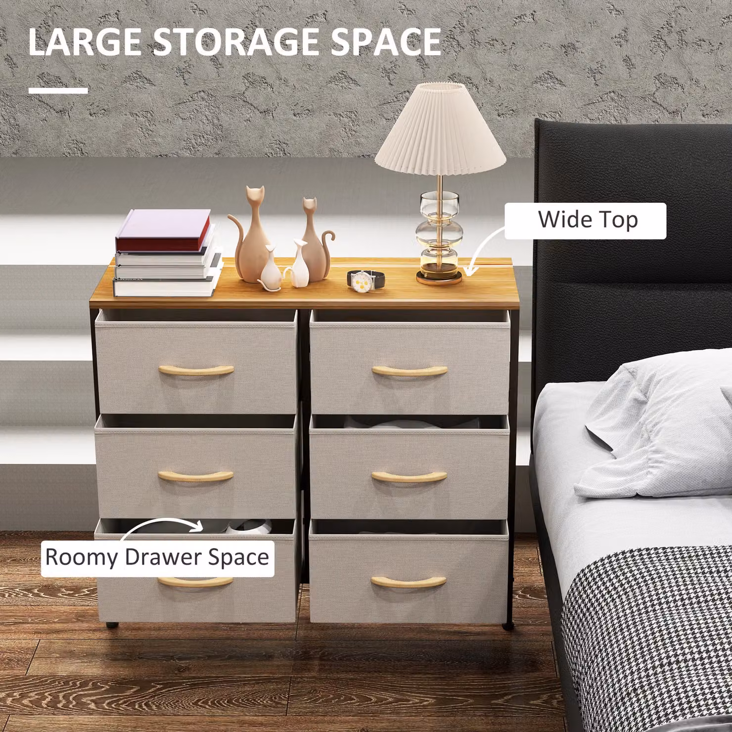 HOMCOM 6 Drawer Fabric Chest of Drawers with Wooden Top in Off-White – 3