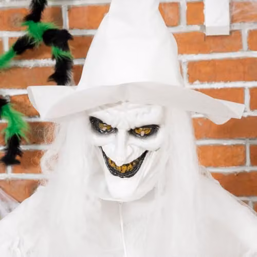 Outsunny 74 Inch White Witch Halloween Decoration with Light Up Eyes and Body holding a Pumpkin Head – 7