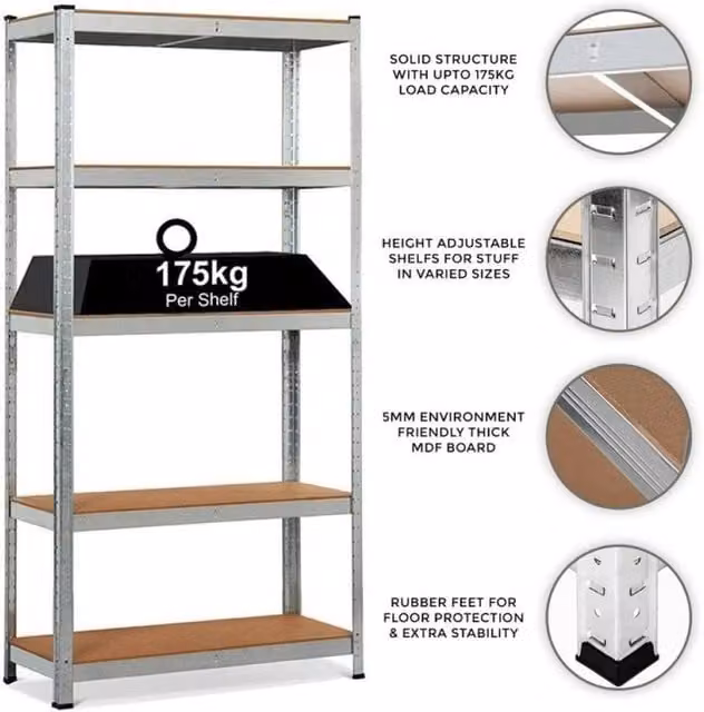 FORGEVIO Silver 5 Tier Metal and MDF Storage Shelving Unit with Adjustable Shelves – 1