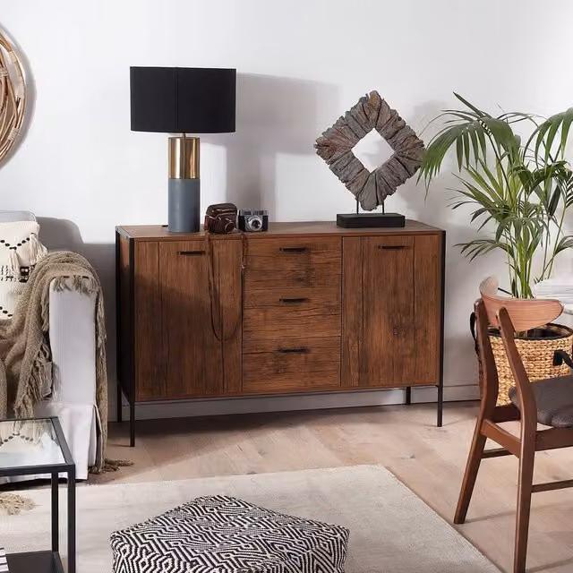 Wyld and Coco Industrial Sideboard in Dark Brown with Black Frame, featuring 3 Drawers and 2 Cabinets