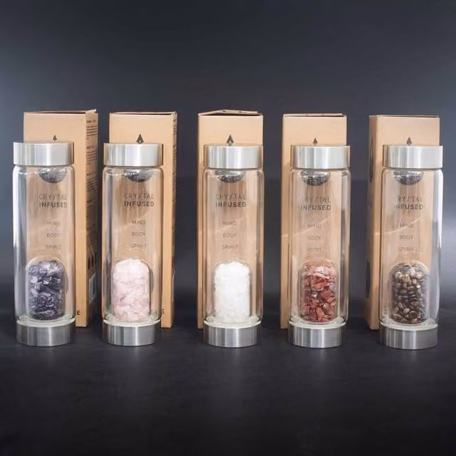 KDMK Crystal Infused Glass Water Bottle with Relaxing Amethyst Chips, Grey and Purple