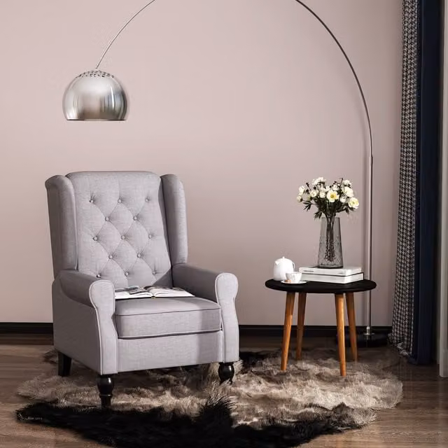 HOMCOM Grey Fabric Wingback Accent Armchair with Solid Wood Frame and Button Tufting
