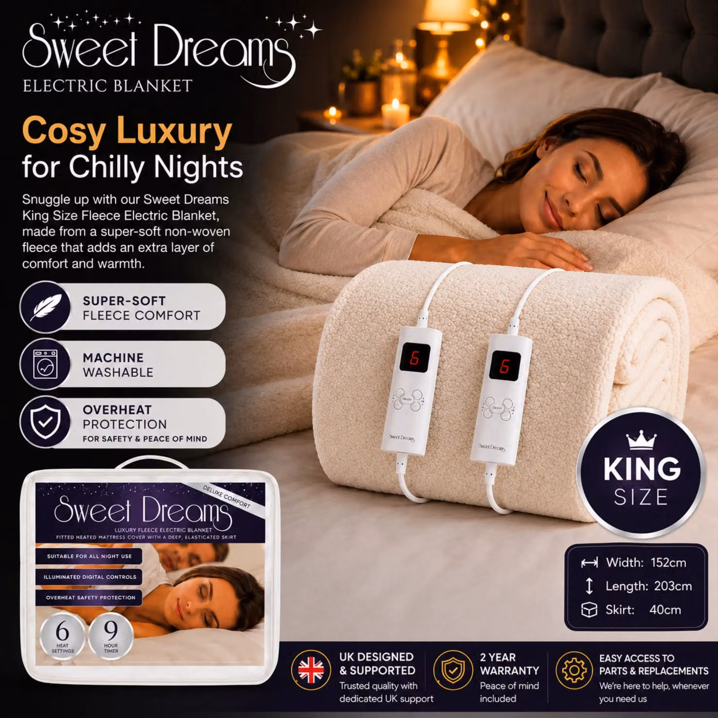 Sweet Dreams White Fleece Heated Fitted Mattress Cover, King Size, W/D/H: 180 x 200 cm – 9