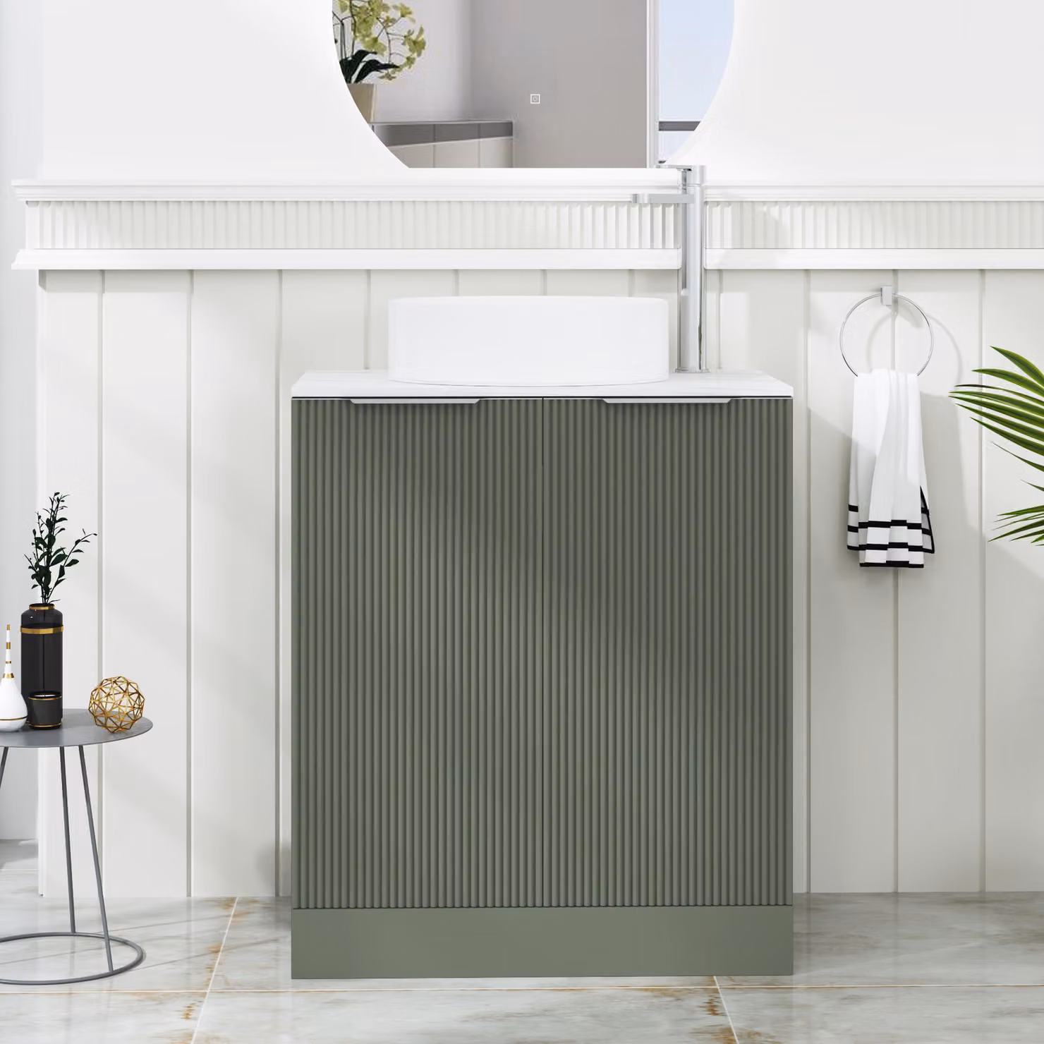 Royal Bathrooms Evora Sage Green Fluted Floor Standing 2 Door Bathroom Vanity Unit with Art Deco Stone Basin, Width: 70 cm