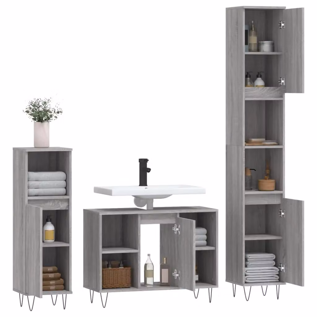 Berkfield Home 3 Piece Modern Grey Bathroom Furniture Set with Vanity Unit and Hinged Doors – 2