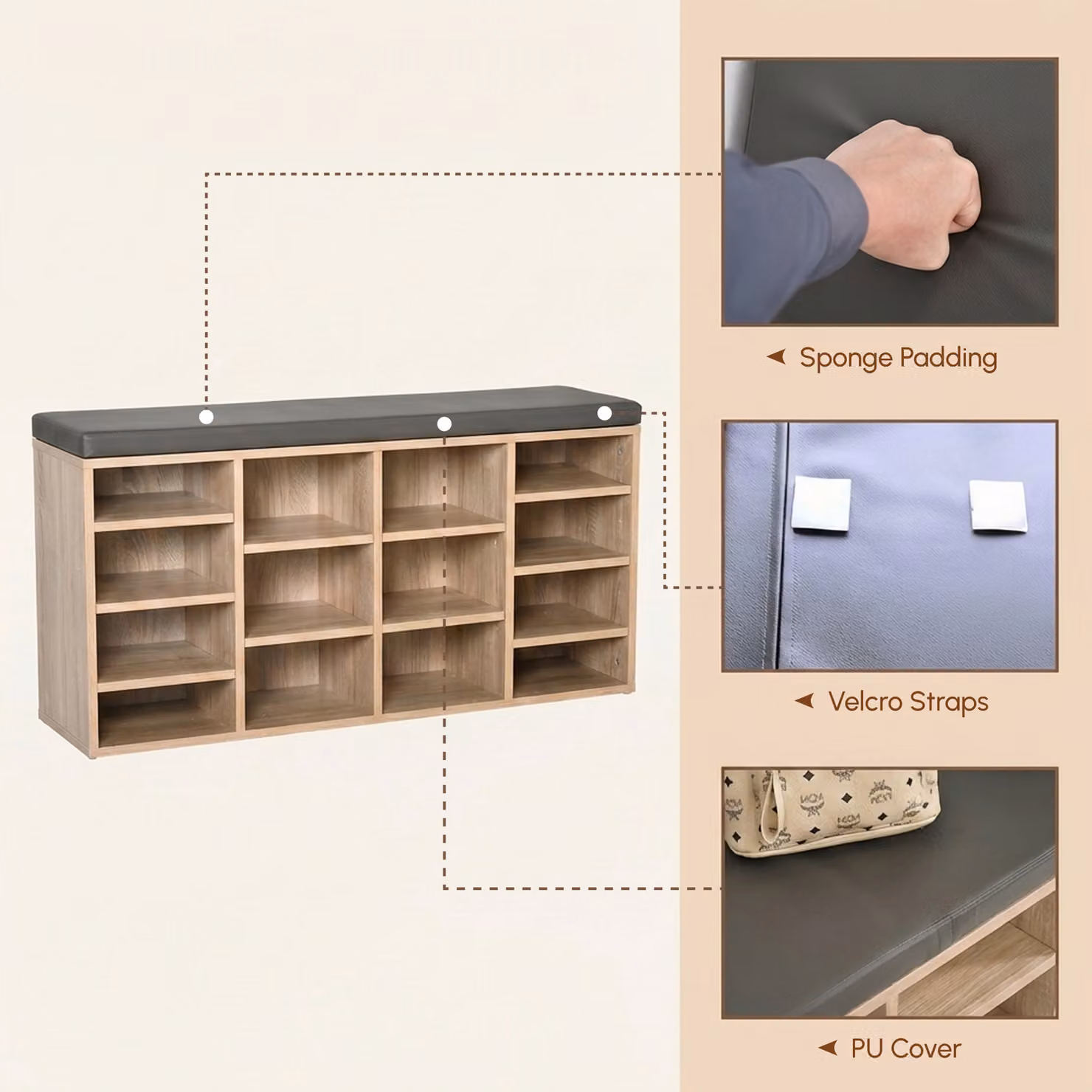 HOMCOM Multi-Storage Shoe Rack with 14 Compartments and Synthetic Leather Cushion, Brown – 5