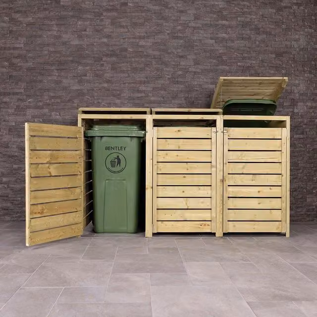 Charles Bentley FSC Mixed Triple Wide Panel Wooden Wheelie Bin Storage Unit with Lifting Lid in Brown and Beige