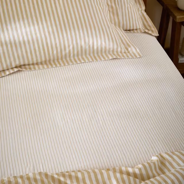 Make It A Home Hebden Melange Stripe Cotton Fitted Sheet, Honey Yellow, W: 140 cm, L: 200 cm