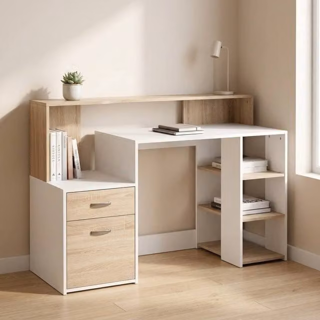 STILVORA Modern Writing Desk with Drawers and Storage Shelves in White and Beige, W/D/H: 137.0 x 92.0 x 50.0 cm
