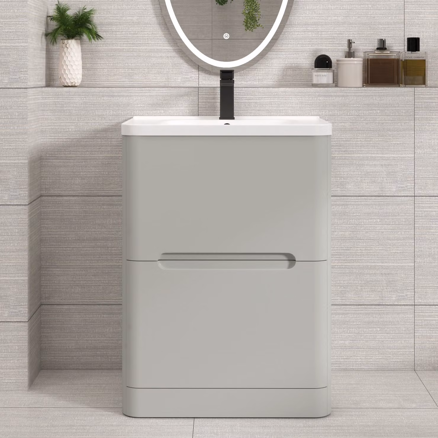 Royal Bathrooms Venice Art Deco Floor Standing 2 Drawer Vanity Unit in Matt Grey with Ceramic Basin