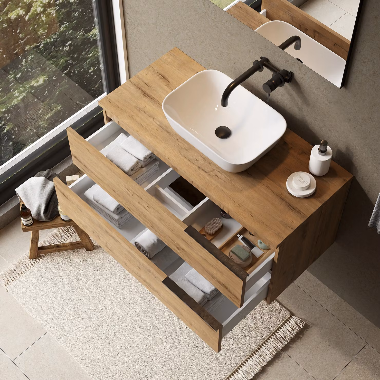 Banyetti Celtic Wall Hung Bathroom Vanity Unit with Matching Worktop in Ostippo Light Oak, W: 100 cm, H: 45 cm, D: 48 cm – 3