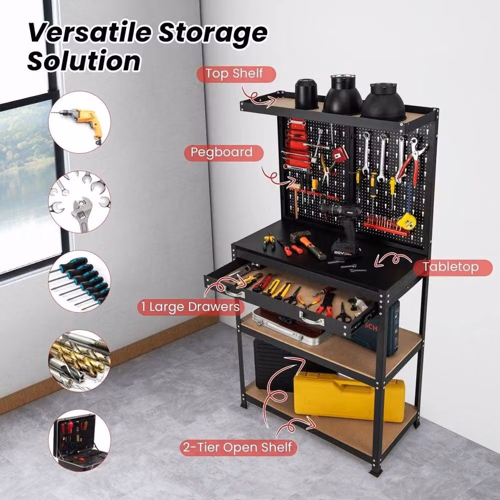 VOGREX Garage Tool Storage Workbench with Pegboard in Black – 3