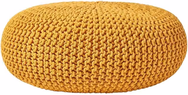Homescapes Round Cotton Knitted Pouffe in Yellow, Diameter: 70 cm