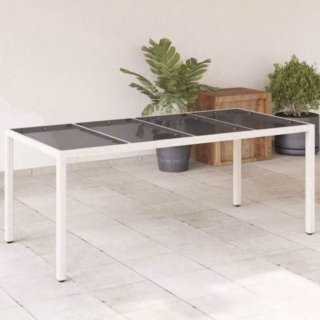 Berkfield Home White Poly Rattan Garden Table with Glass Top, W/D/H: 190 x 90 x 75 cm