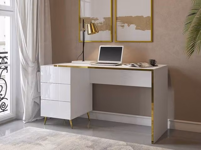 Vente-unique MARZIALO Modern Writing Desk in Gloss White and Gold, W/D/H: 120 x 60 x 75.6 cm – 1