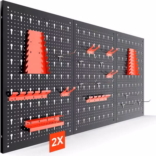 AREBOS Red and Black Steel Tool Wall with 6 Perforated Panels and 34-Piece Hook Set