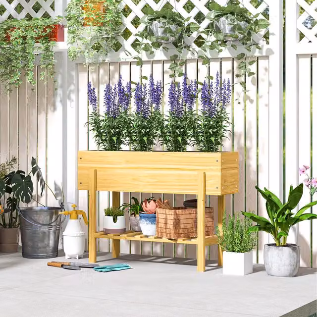 Outsunny Wooden Raised Planter with Bed Liner and Storage Shelf in Natural Brown