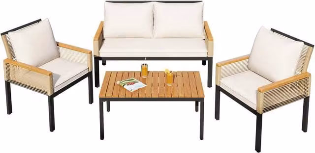 BES HOME 4-Piece Cream Rattan Garden Furniture Set with Acacia Wood Coffee Table and Upholstered Cushions – 1